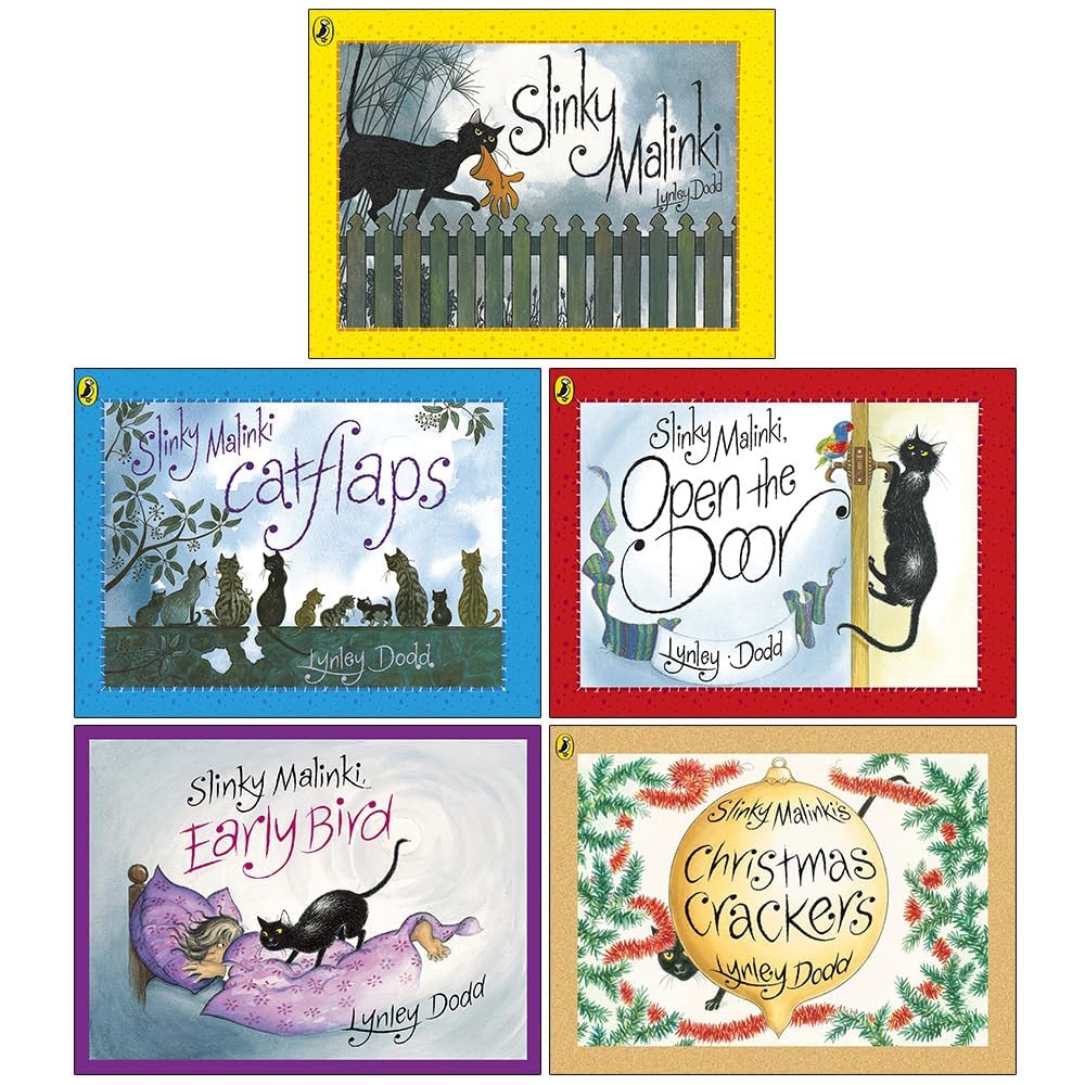 Lynley Dodd Slinky Malinki Hairy Maclary and Friends Series 5 Books Collection Set(Slinky Malinki, Slinky Malinki Catflaps, Open the Door, Slinky Malinki's Christmas Crackers, Early Bird) [Paperback] Lynley Dodd