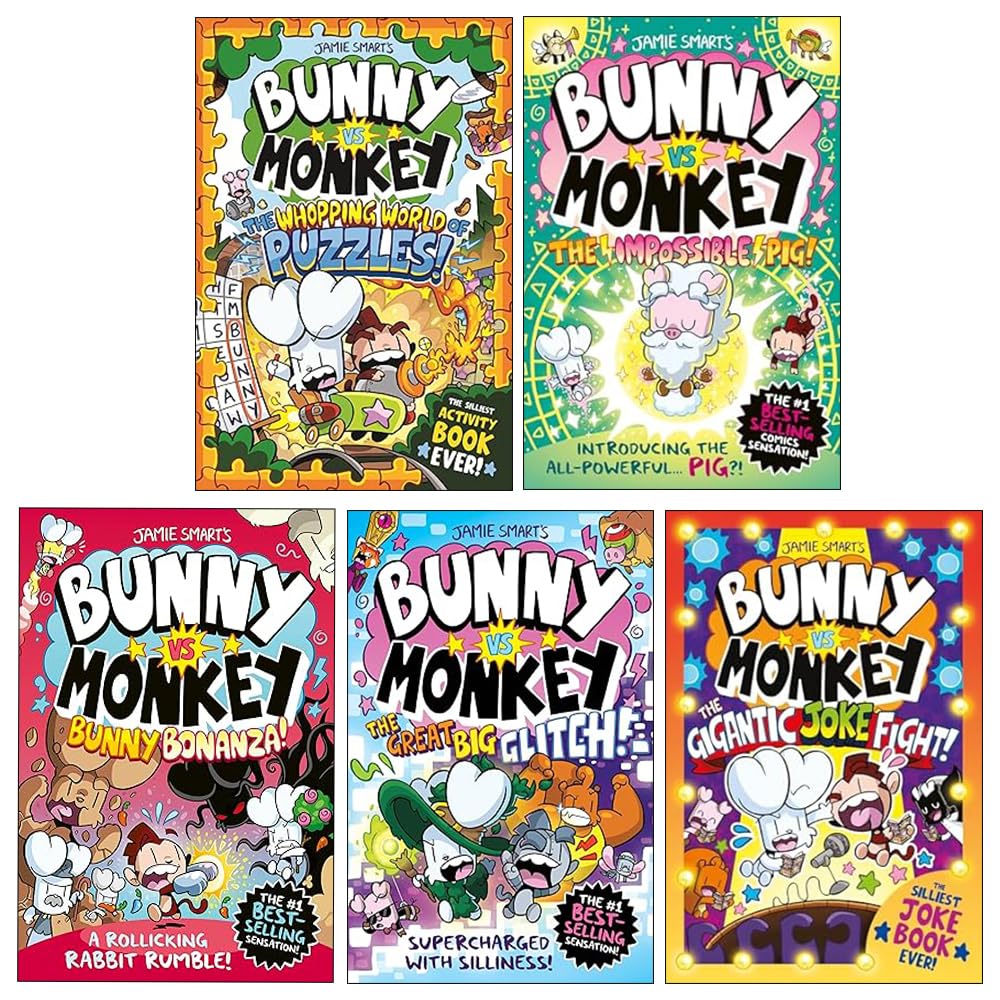 Bunny vs Monkey Set 2: Collection 5 Books Set By Jamie Smart (Bunny Bonanza, The Whopping World Of Puzzles, The Gigantic Joke Fight, The Great Big Glitch & The Impossible Pig)