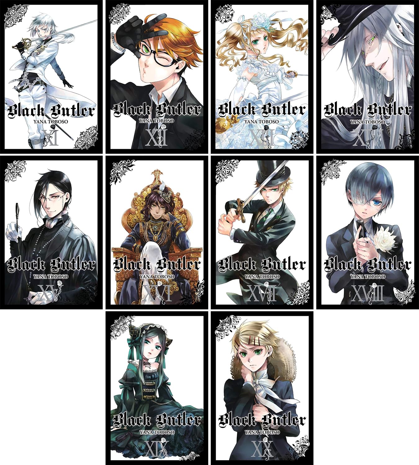 Black Butler Manga Set Vol 11-20 by Yana Toboso, Set of 10 Books [Paperback] Yana Toboso; 9780316225335, 9780316225342; 9780316244299, 9780316244305; 9780316254199, 9780316369022, 9780316376709 and 9780316336222, 9780316259408, 9780316305013